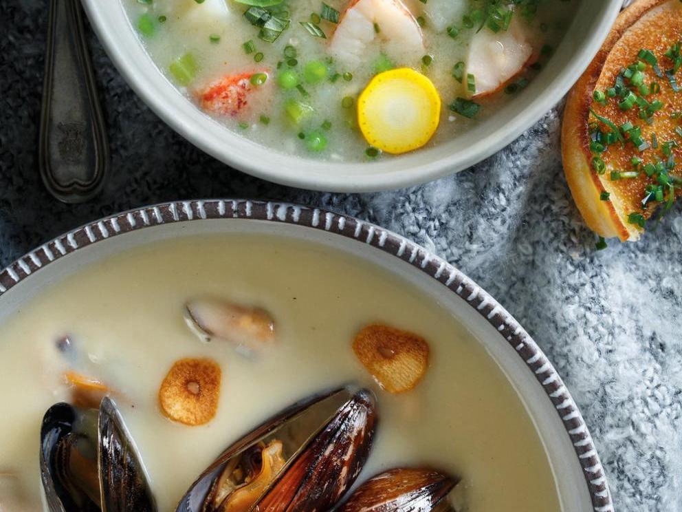 Image of Cream of Potato Soup with Roasted Garlic and Mussels