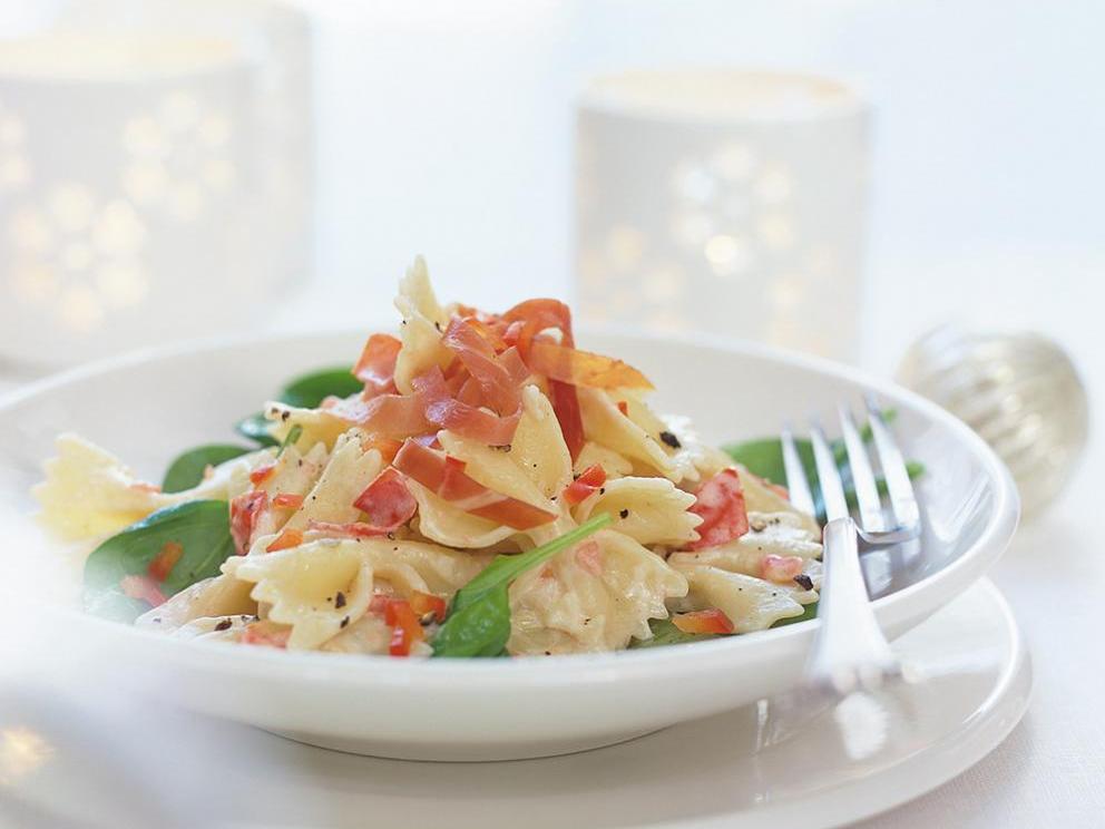 Image of Blue Cheese Pasta on a Bed of Spinach