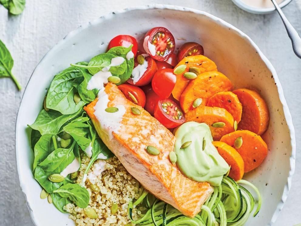 Image of Quinoa Bowl with Salmon, Zucchini and Sweet Potatoes